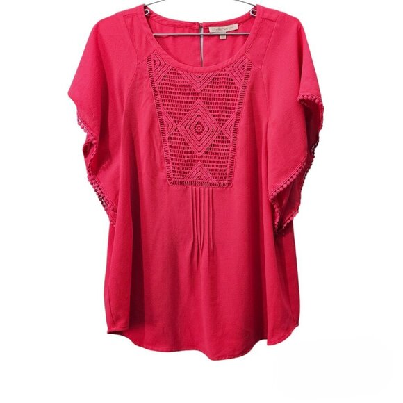 💎Gibson Latimer Gauze Crochet Short Sleeve Anthropologie Boho Coral Pink Top - Picture 1 of 7